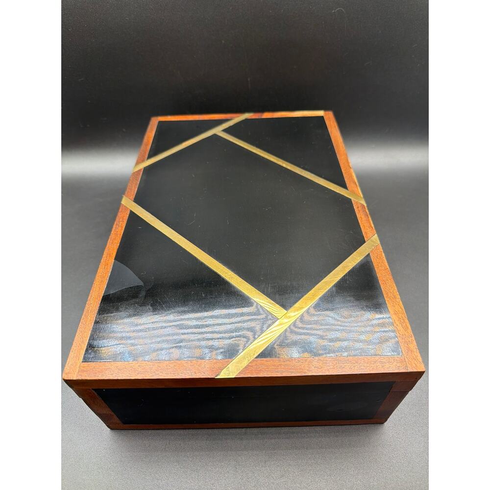 Handmade Indian Wooden Keepsake Box Black Brass Inlay 12x8x3.5 Jewelry MCM style